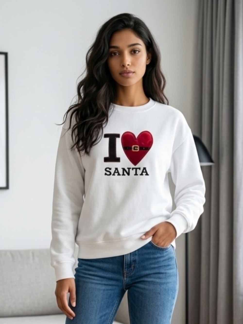 Vtg M&C Sportswear White Sweatshirt Embroidered "I Heart Santa" Graphic L EUC